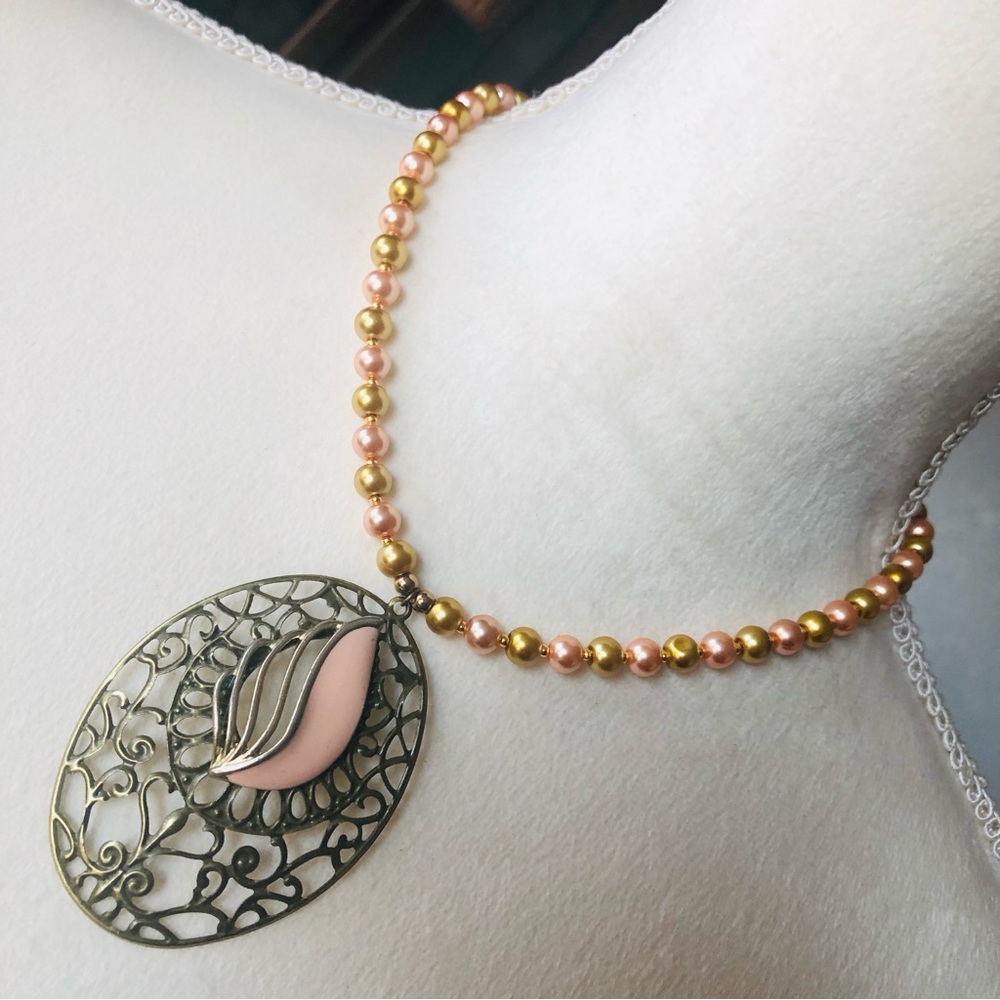 Handcrafted repurpose blush enamel filigree pendant Czech glass Pearl necklace